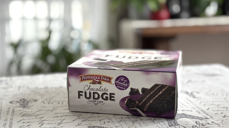 A box of Pepperidge Farm Chocolate Fudge Layer Cake on table