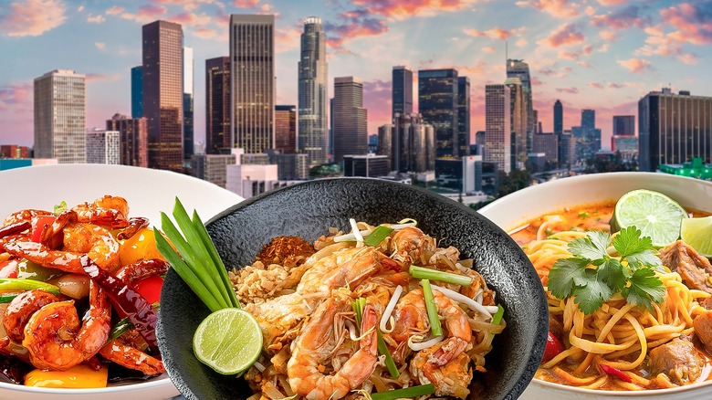 Thai food with Los Angeles skyline