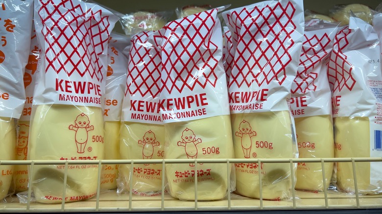 Kewpie mayo in bags on store shelf