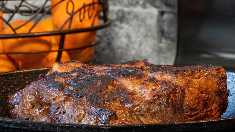 Charred beef in a skillet