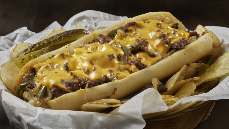 Cheesesteak in a basket with fries