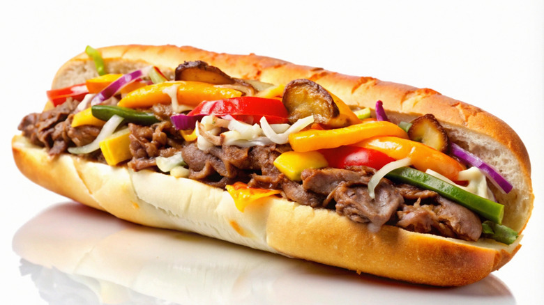 Cheesesteak topped with peppers, onions, and mushrooms