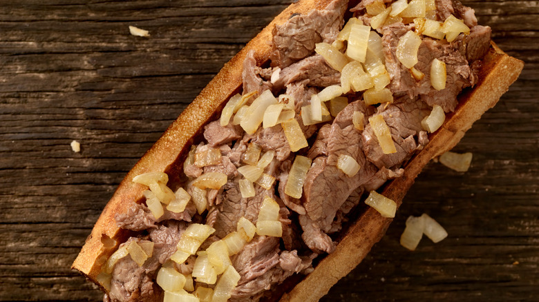 Overhead shot of cheesesteak with onions