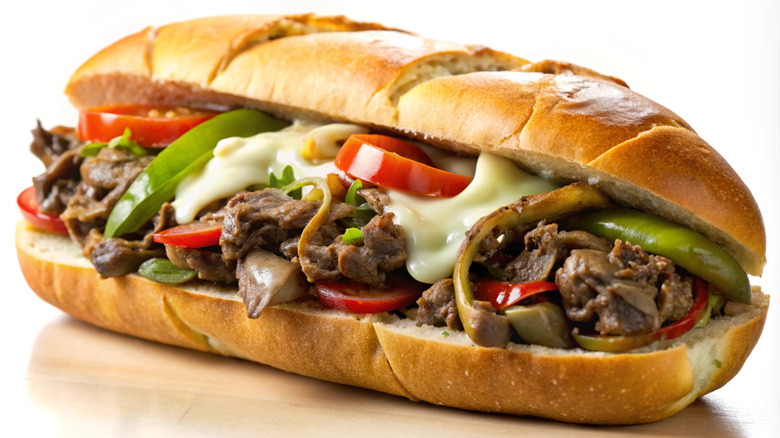 Close-up of a cheesesteak on a white background