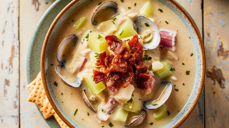 A stone bowl of clam chowder with potatoes and bacon on top on a rustic wooden background