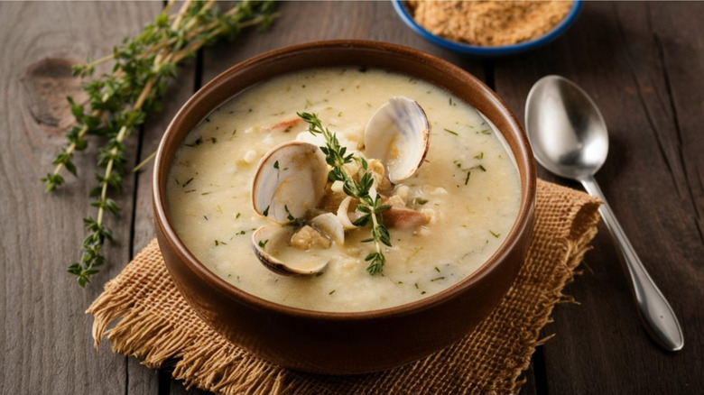 A brown bowl of clam chowder with fresh clams on the top on top of a burlap cloth on a wooden table