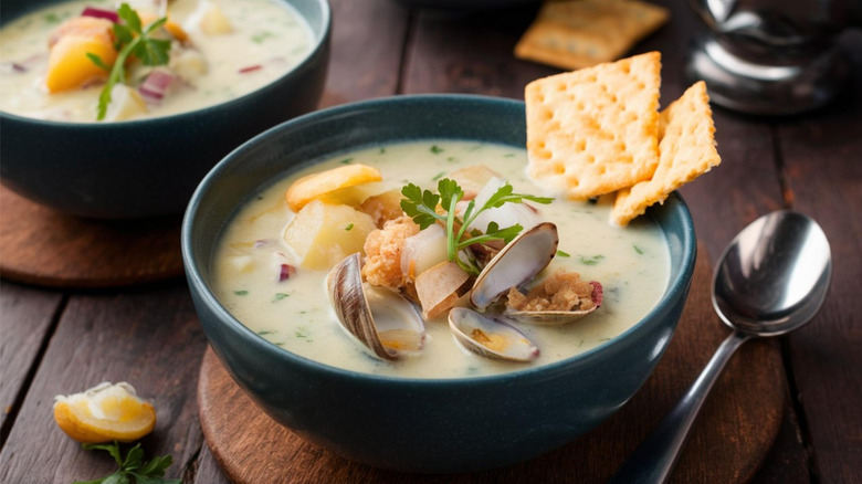 A dark blue bowl of clam chowder with crackers on the side on a rustic wooden table