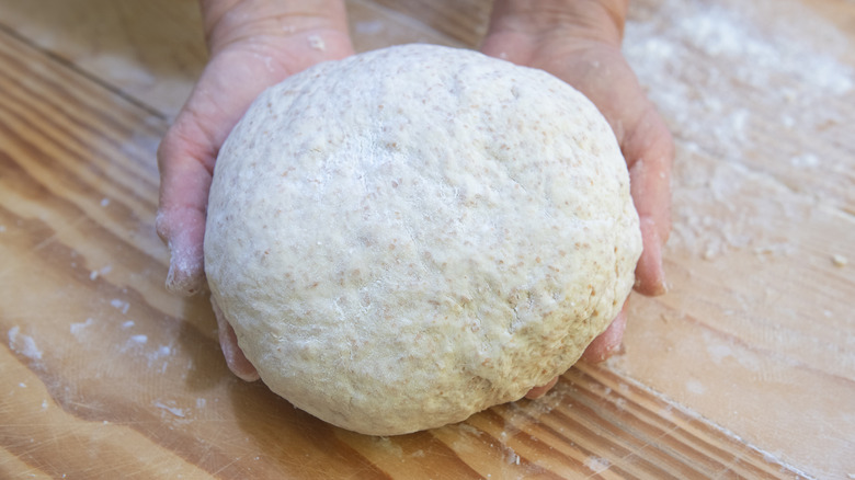 hands holding a ball of pizza dough