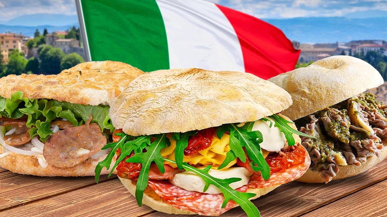 Italian sandwiches with a flag in the background