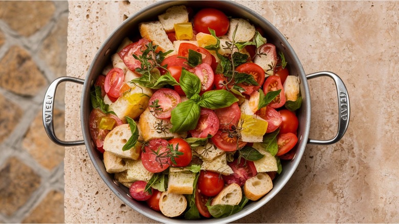 Panzanella salad in metal dish