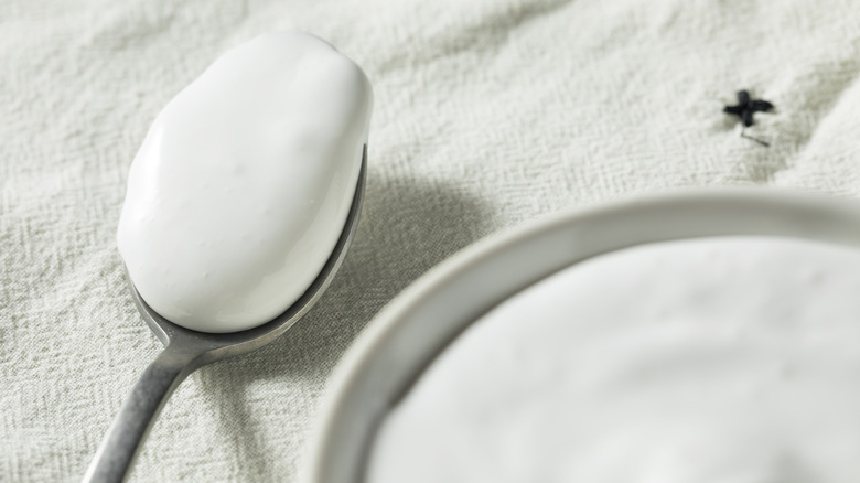 A spoonful of marshmallow fluff rests on a white towel next to a bowl of the same.