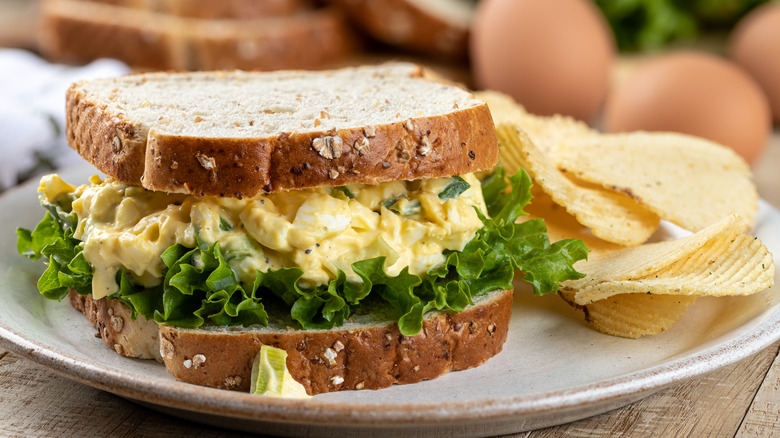 egg salad sandwich with chips