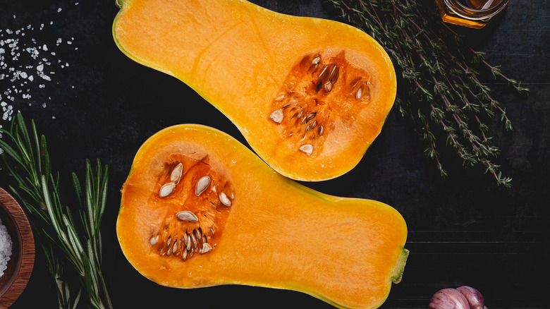 cut open butternut squash halves