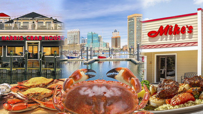 Two crab houses with crabs and Maryland skyline