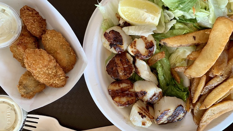 Fried oysters and grilled scallops