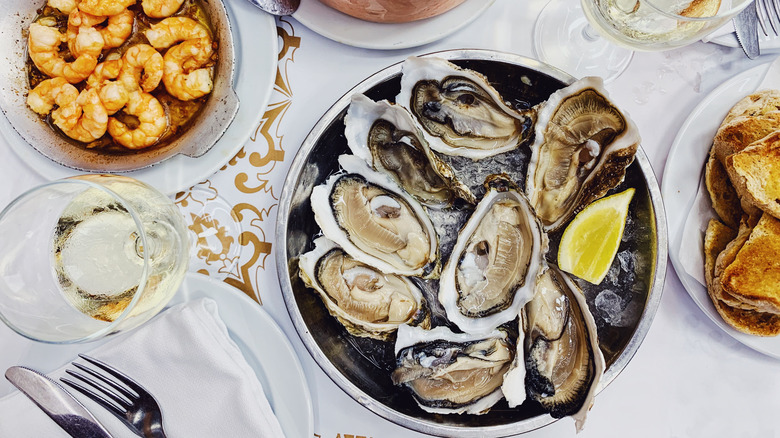 table of seafood and wine