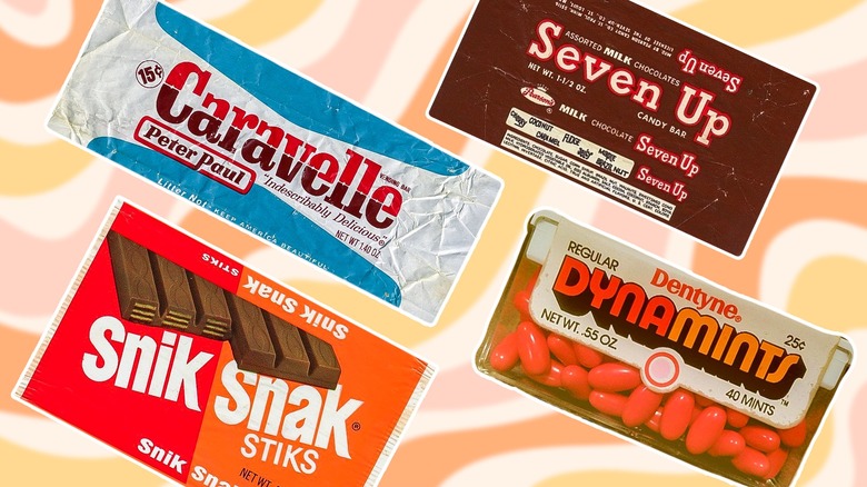 Composite photo showing wrappers for Caravelle, Seven Up, and Snik Snak Stiks along with a Dynamints box