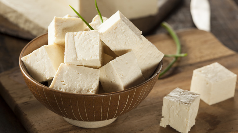 one-inch cubes of tofu in bowl