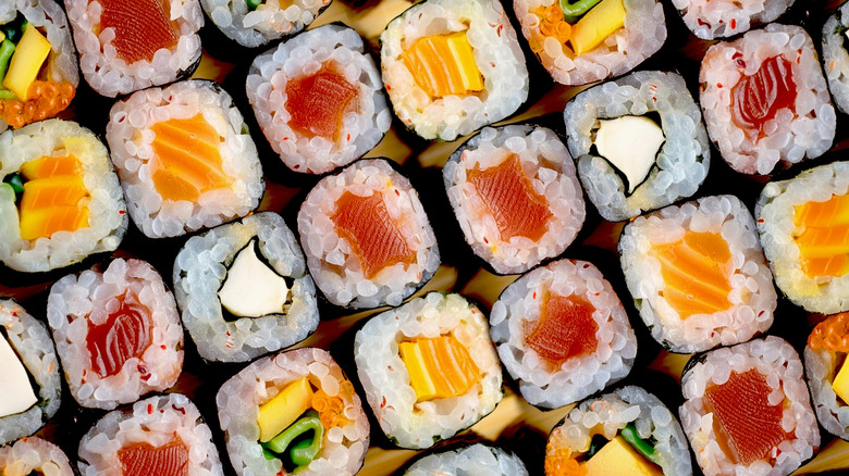 aerial view various sushi rolls