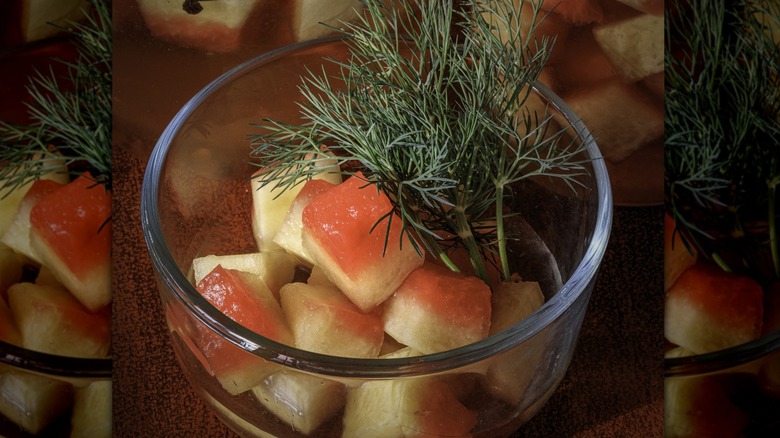 Pickled watermelon rind in bowl