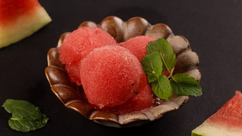 Watermelon sorbet in bowl