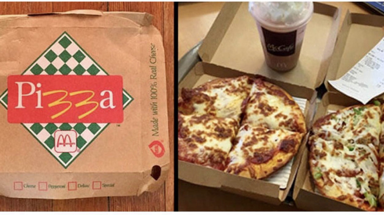 Side by side of McPizza cardboard box and two individual-sized pies