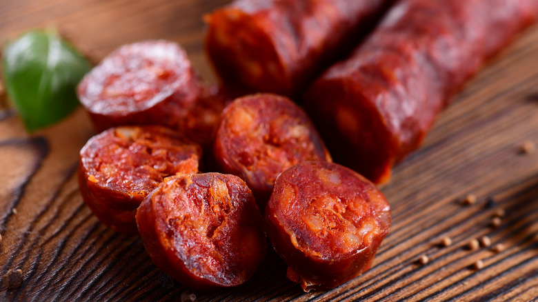 up close of cut-up chorizo sausage