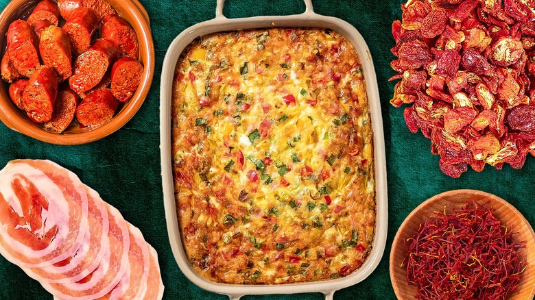 Breakfast casserole surrounded by other ingredients