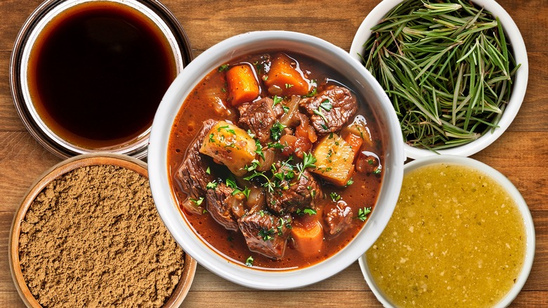 bowl of beef stew beside four ingredients that can be added to elevate it