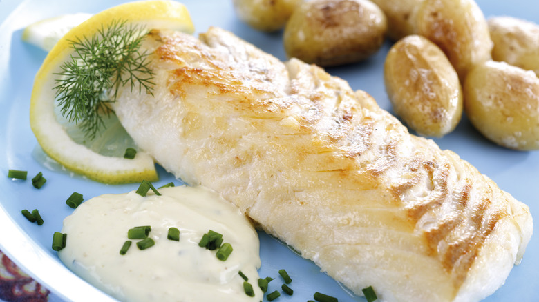 Cooked cod fillet sitting on plate with potatoes and garnish