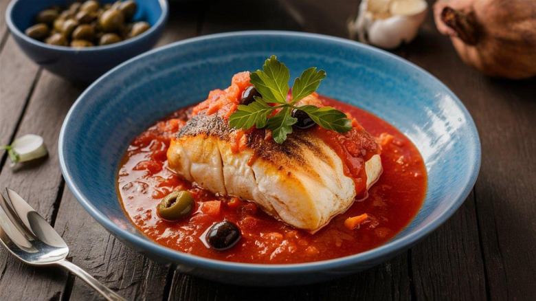 Cod in tomato sauce with olives