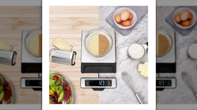 Ingredients on and around a kitchen scale with digital display pulled out