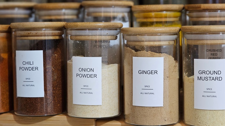 kitchen spice rack onion powder glass jars