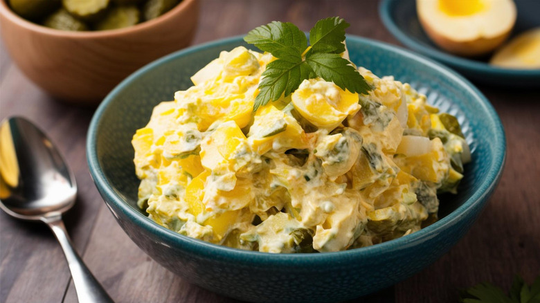 A bowl of potato salad with herb garnish in a turquoise bowl with a spoon next to it