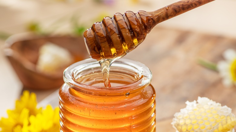 A wooden stick being dipped into honey