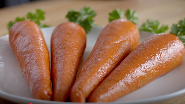 Four of Arby's meat-based carrot, known as the "marrot" on a white plate