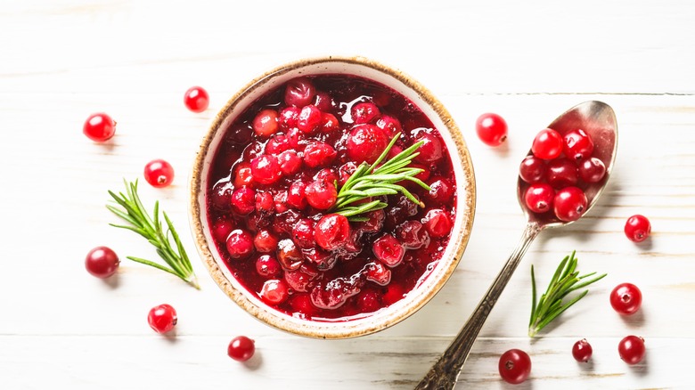 cranberry sauce in a ceramic crock