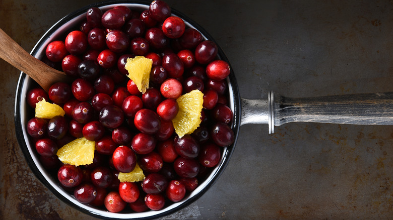 pot with cranberries and orange slices