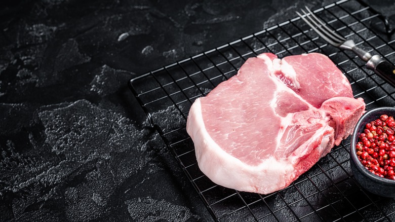 A raw pork chop with a fat cap on a metal rack