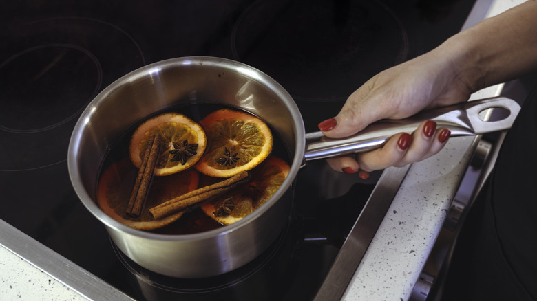 Pot of mulled wine on stovetop