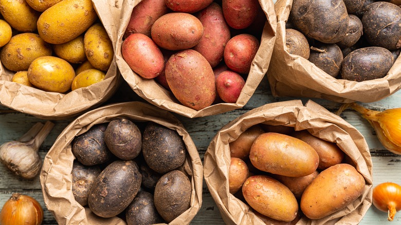 Different varieties of potato in paper bags