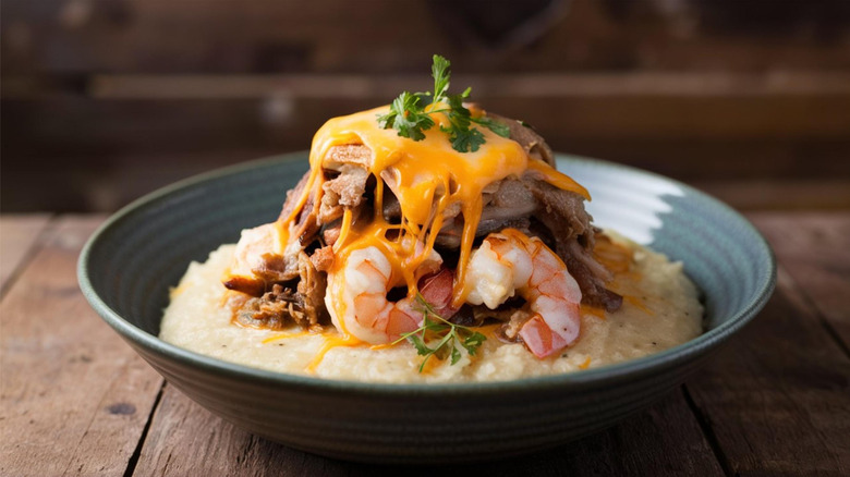 Grits are topped with shrimp, pork, and cheese.