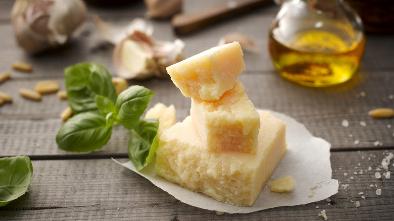 Chunks of parmesan on a napkin