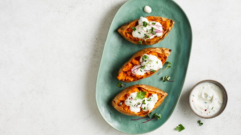 three sweet potatoes on plate