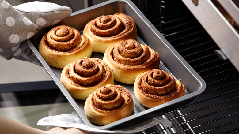 Cinnamon rolls coming out of the oven