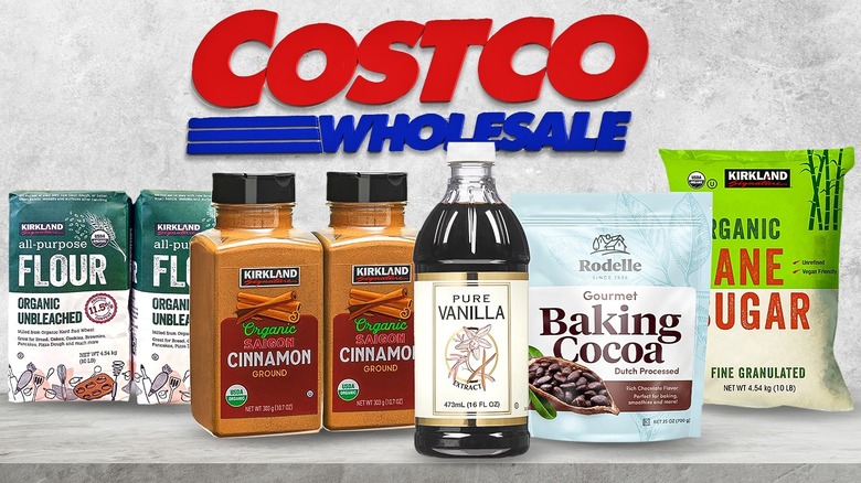 Different Costco items on gray background and Costco logo