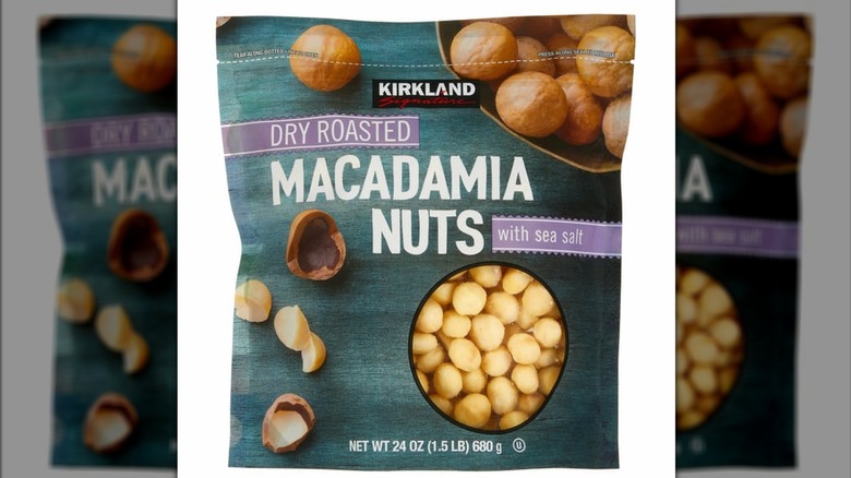 A bag of Kirkland Signature dry roasted macadamia nuts