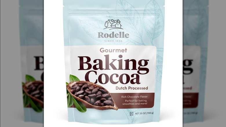 A bag of Rodelle baking cocoa on a white background