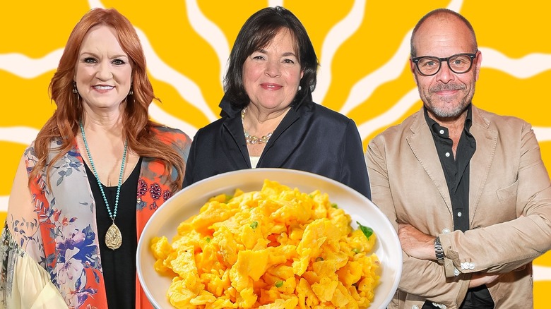 Ree Drummond, Ina Garten, and Alton Brown with a plate of scrambled eggs