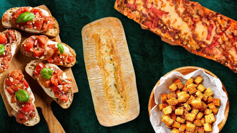 Ciabatta bread surrounded by various recipes made with the bread